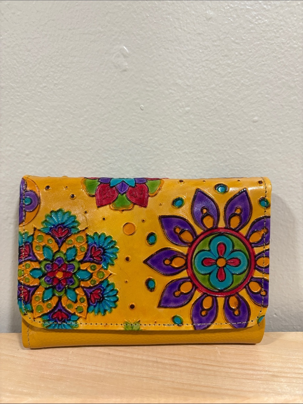 Yellow Floral Embossed Leather Wallet - Hand-Painted Design